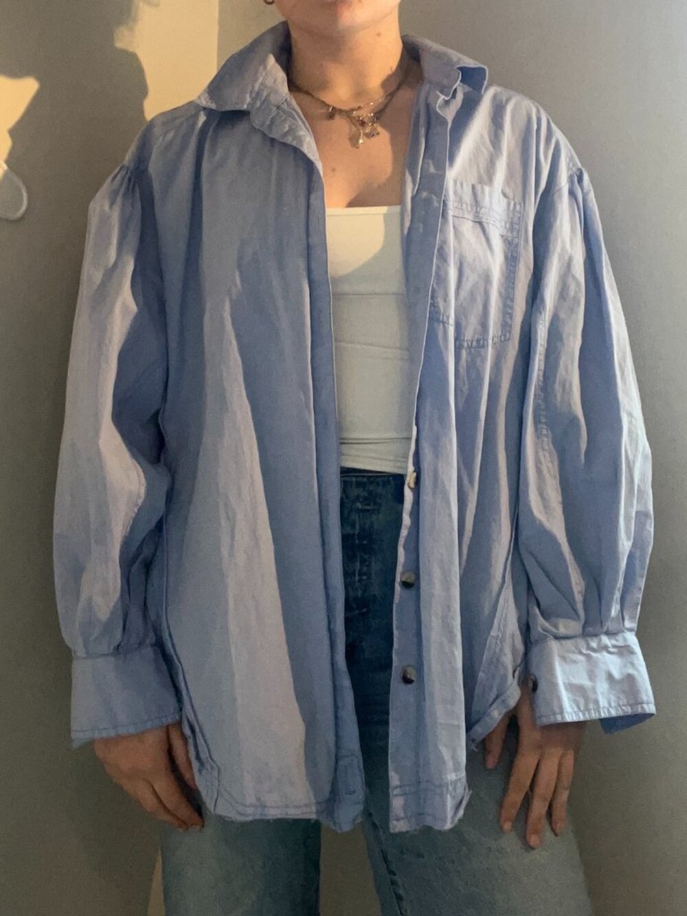 Free People Happy Hour Poplin Button Up, light blue, XS